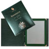 Green eco-leather folder with files and logo embossed in gold foil for Basseterre Art Gallery & Restaurant