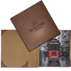 Menu folder with internal file holder on bolts made of brown eco leather and embossed Taksim Kebap Restoran logo on the cover