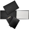 folder made of black eco-leather for horizontal or landscape format of A3 sheet, with a 40mm d-shaped ring mechanism, logo embossed on the cover and a pocket for business cards