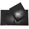 the folder is a cover with a closed ring mechanism and a corner pocket made of black eco-leather and with an embossed logo on the cover of the Old Crimea