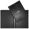 black cover made of high-quality eco-leather with a large blind embossed pattern with leaves on the entire cover and embossed logo with gold foil, a ring mechanism is installed for fixing the indoor unit for the folder of the Mirror Hotels Group hotel chain in Sochi