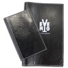 Black leather menu cover with white logo for restaurant
