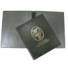 Green leather menu cover with embossed logo for restaurant