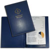 blue folder made of genuine leather with internal file holder and logo embossed in gold