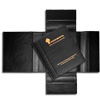 Раскладная папка для документов из натуральной черной кожи с тиснением логотипа Роснефть на обложке золотой фольгой 