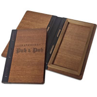 Check account folder made of wood stitched with leather for restaurant and cafe