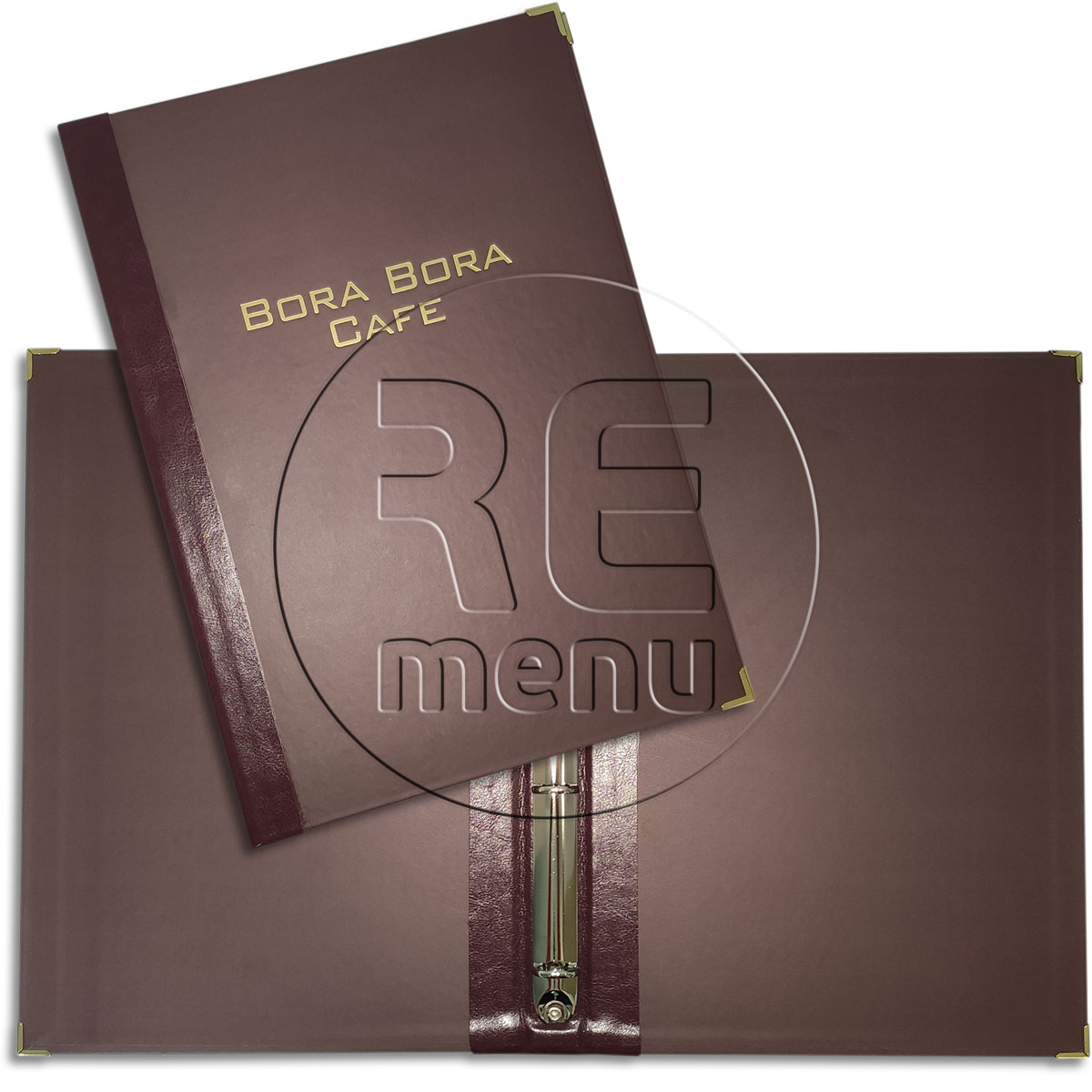 картонная папка с кольцевым механизмом уголками и тиснением логотипа для меню ресторана Bora Bora Cafe