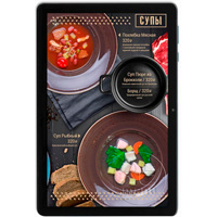 Цифровое меню на электронном планшете для ресторана бургеров и гриль слайд супы