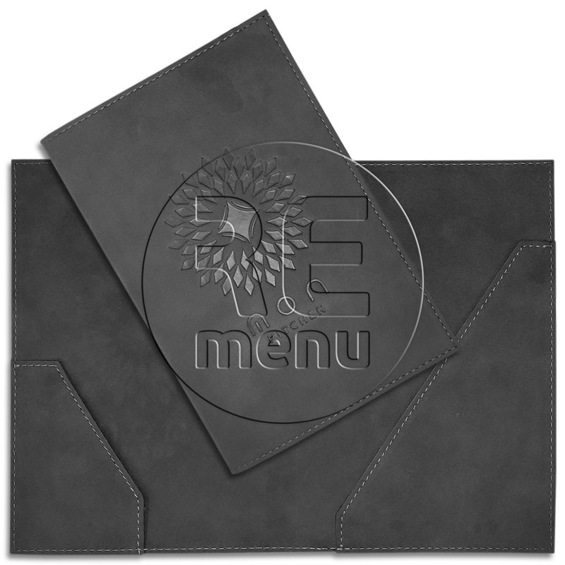 Мягкие чековые счет папки из серой эко кожи, двумя карманами, прошитые нитками, с тиснением логотипа на обложке