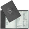 Menu for cafe Mon Kitchen in a paperback made of gray eco-leather on bolts with designer paper in a spread and embossed logo on the cover