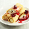 Pancakes with cottage cheese and cherries photo for restaurant and cafe menu