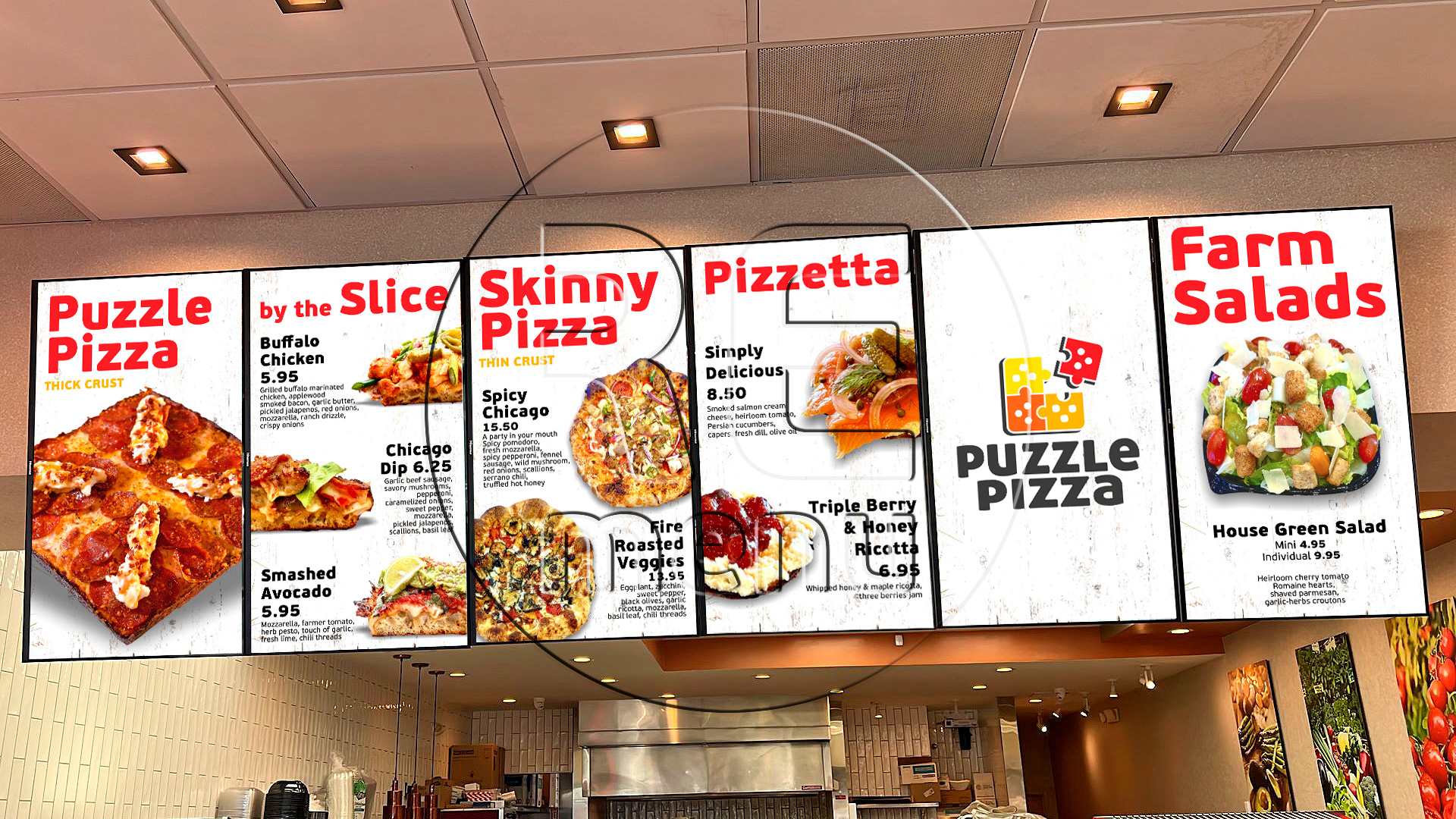 Puzzle Pizza вертикальные видео меню-борды для пиццерии на экранах с фото блюд