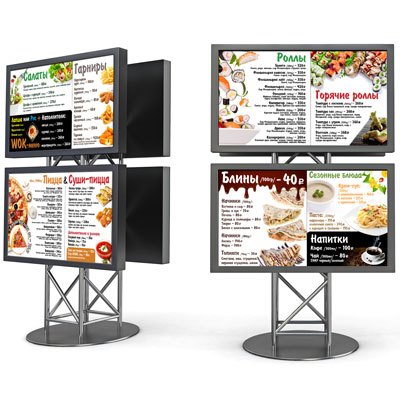 Menu boards on monitors for fast food restaurants on the food court