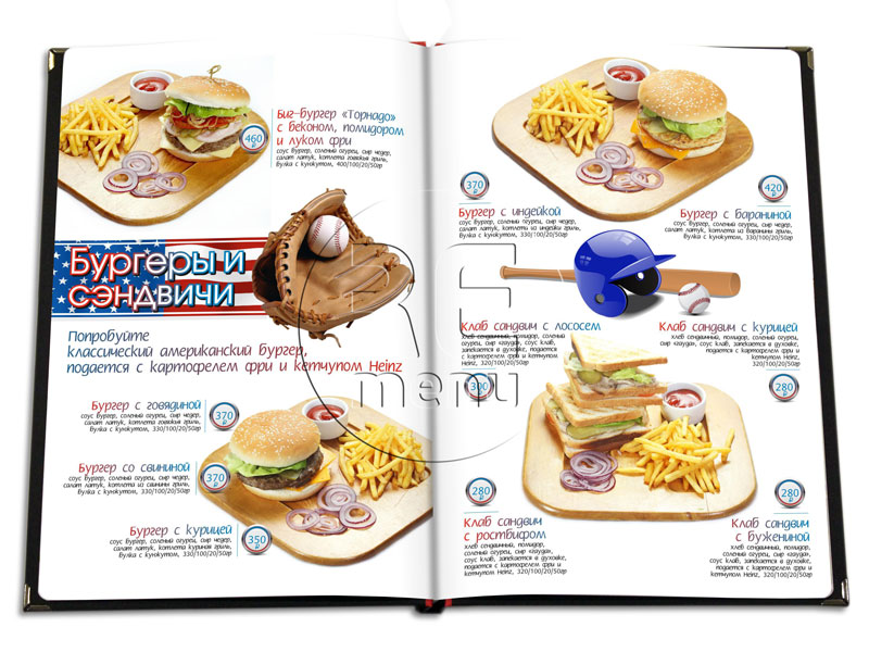 дизайн меню ресторана с болтами и выборочной лакировкой для сети спортбаров Торнадо