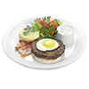 Steak with egg photo - served with mashed potatoes, mushroom sauce, fried bacon
