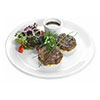 Beef tenderloin medallions with thyme sauce photo - served on white toast smeared with cheese sauce, salad mix