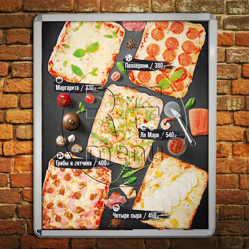 световой короб пицца пинцетта пепперони, маргарита, ля маре, грибы и ветчина, четыре сыра светодиодный с клик профилем